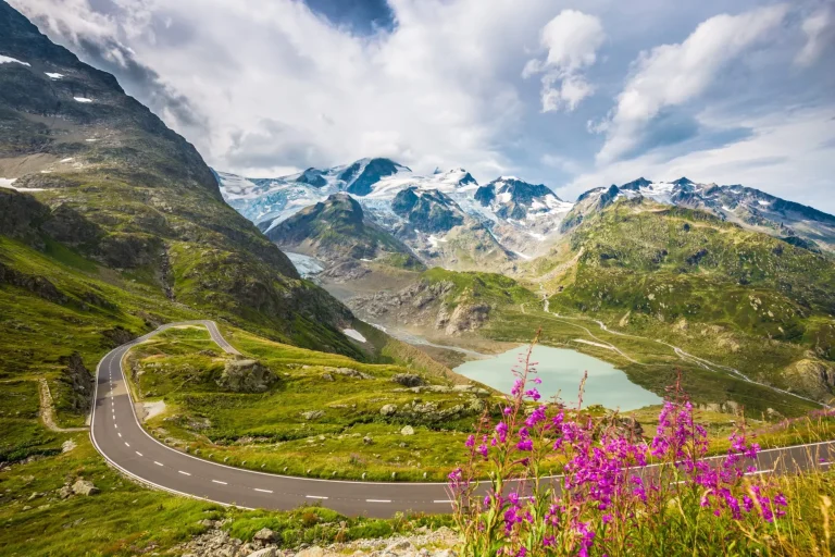 Schöne Aussicht auf eine kurvenreiche Passstraße in den Alpen, die durch eine idyllische Alpenlandschaft mit Berggipfeln, Gletschern, Seen und grünen Weiden mit blühenden Blumen im Sommer führt